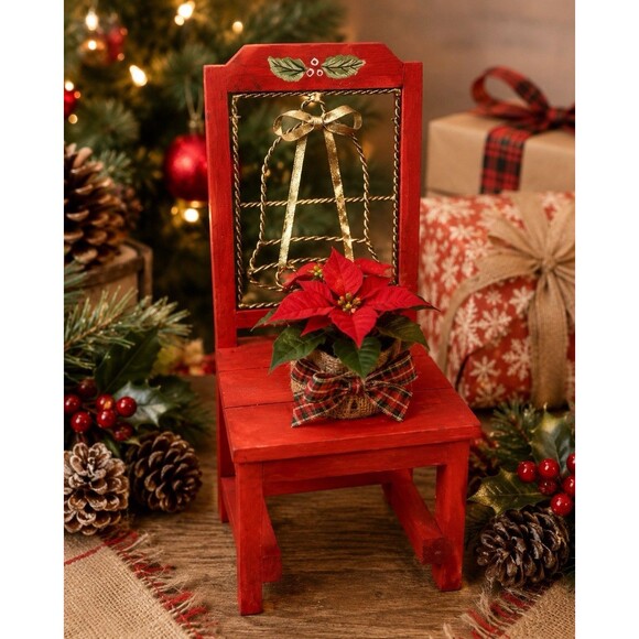 Other - Vtg Red Wooden Christmas Chair Display Stand Bell Planter Holiday Decor Accent